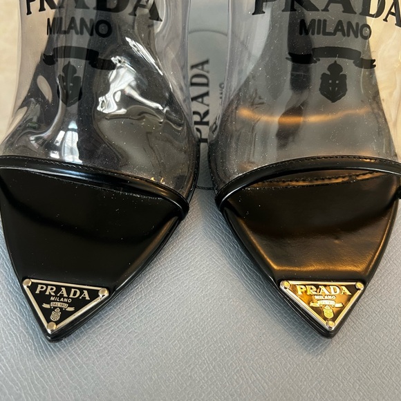 Prada Authentic Women's Logo Heeled Sandals PVC with Leather - Picture 3 of 9